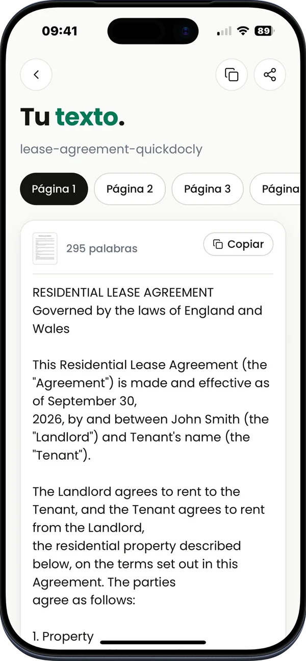 Captura del App Store: Extrae el texto. El texto reconocido de un contrato de alquiler, listo para copiar.