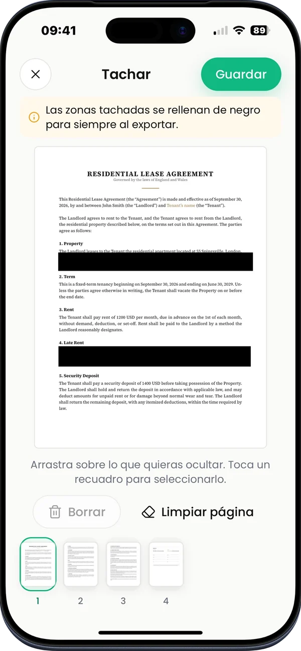 Captura del App Store: Tacha el texto. Párrafos de un contrato tachados en negro antes de compartirlo.