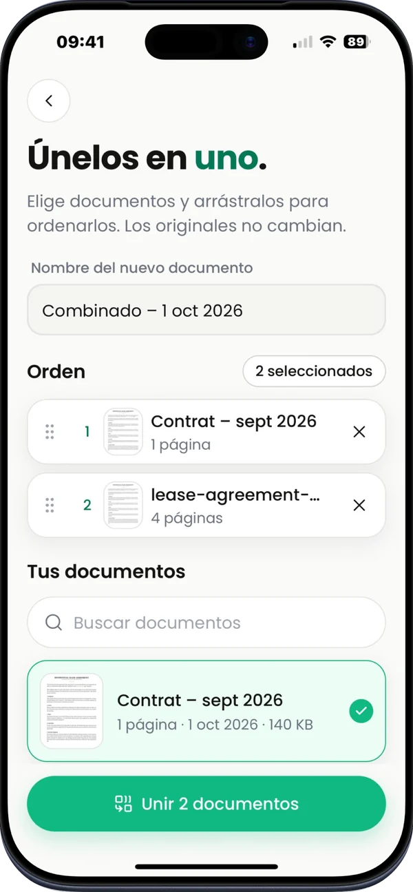 Captura del App Store: Une, divide, comprime. Dos documentos uniéndose en uno.