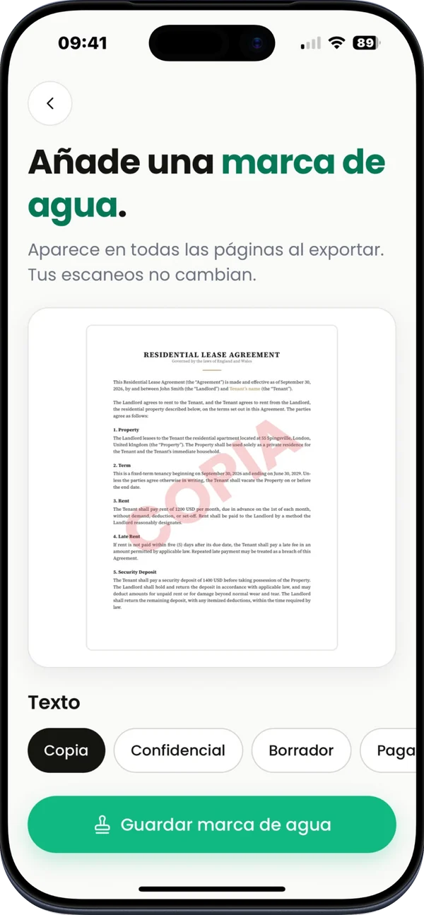 Captura del App Store: Marca de agua, compresión y contraseña. Una marca de agua COPIA estampada en una página.