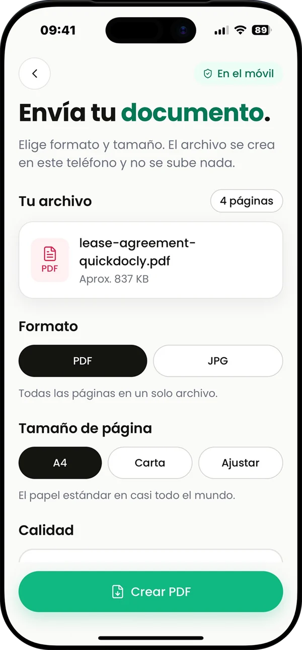 Captura del App Store: Se queda en tu teléfono. La pantalla de exportación, donde el PDF se crea en el teléfono.