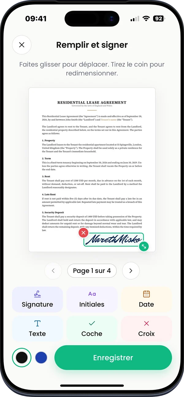 Capture de l'App Store : Remplir et signer. Un contrat signé avec les outils Signature, Initiales, Date, Texte, Coche et Croix.