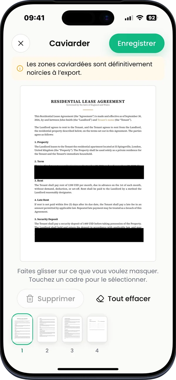Capture de l'App Store : Caviardez le texte. Des paragraphes d'un contrat noircis avant le partage.