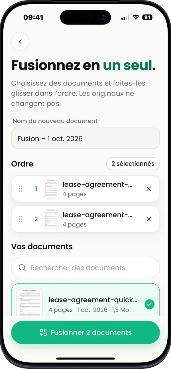 Capture de l'App Store : Fusionnez, divisez, compressez. Deux documents fusionnés en un seul.