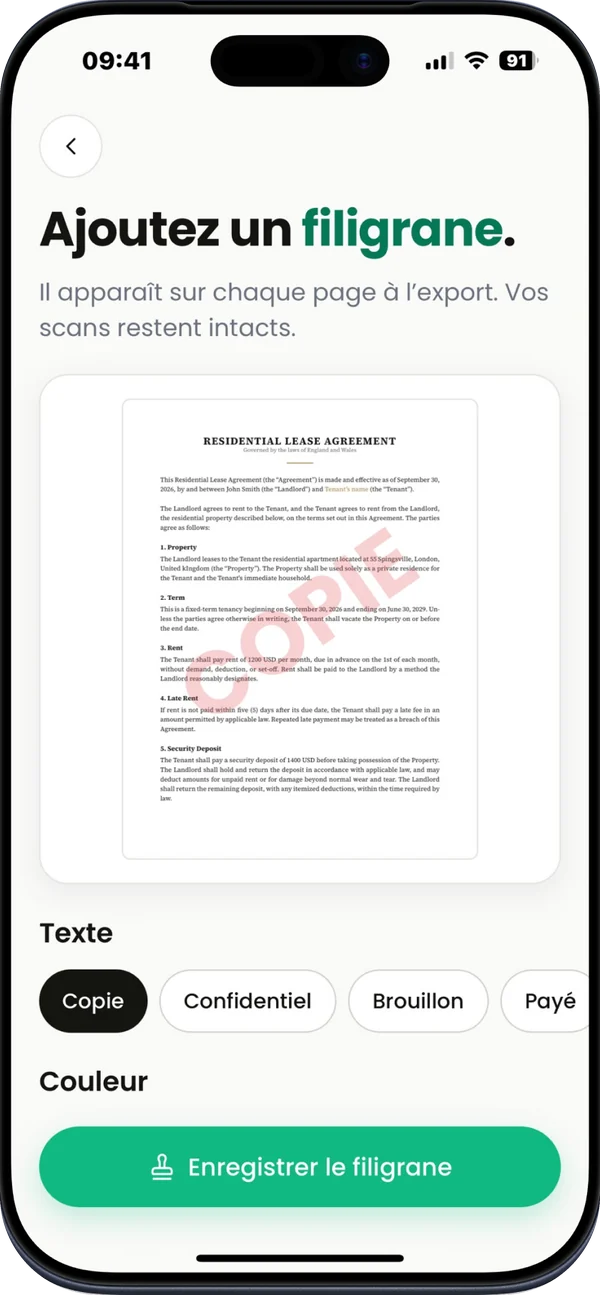 Capture de l'App Store : Filigrane, compression et mot de passe. Un filigrane COPIE apposé sur une page.