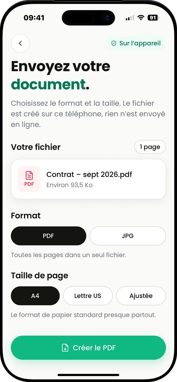 Capture de l'App Store : Tout reste sur votre téléphone. L'écran d'export, où le PDF est créé sur le téléphone.