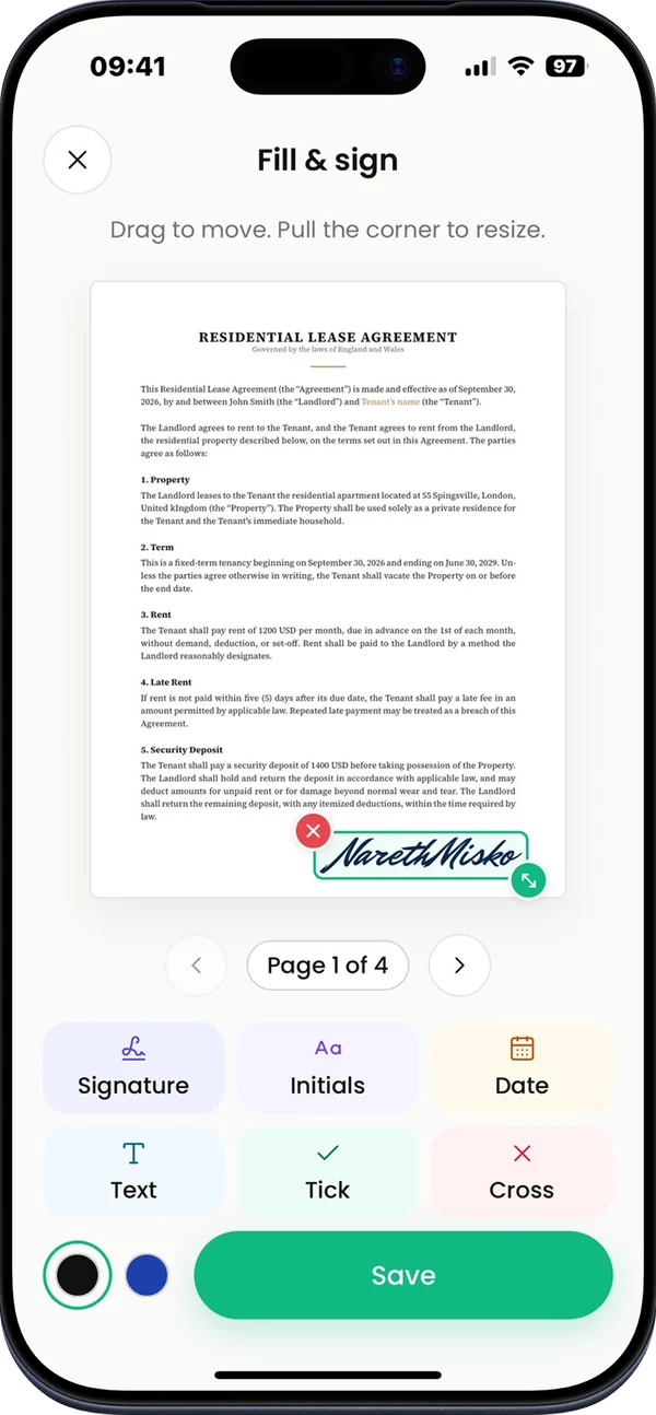App Store screenshot: Fill & sign. A signed lease agreement with the Signature, Initials, Date, Text, Tick and Cross tools.