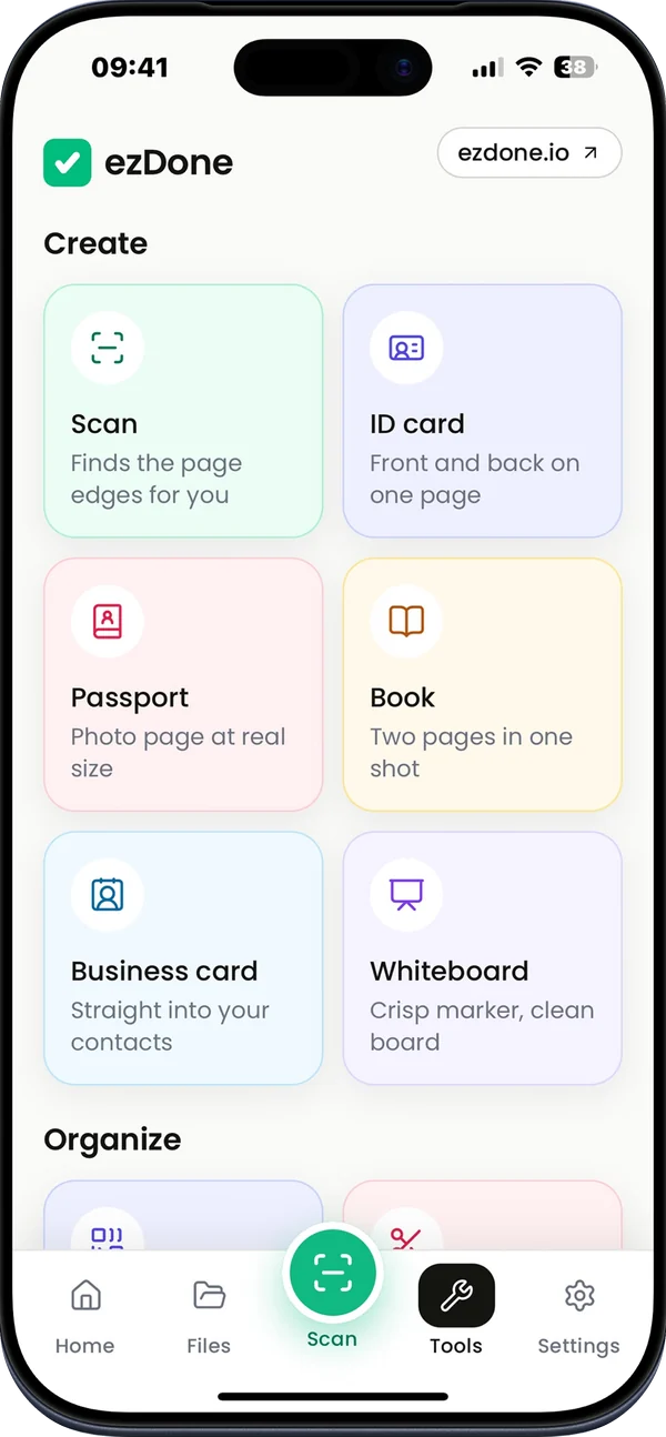 App Store screenshot: Scan anything. The Create menu with Scan, ID card, Passport, Book, Business card and Whiteboard.