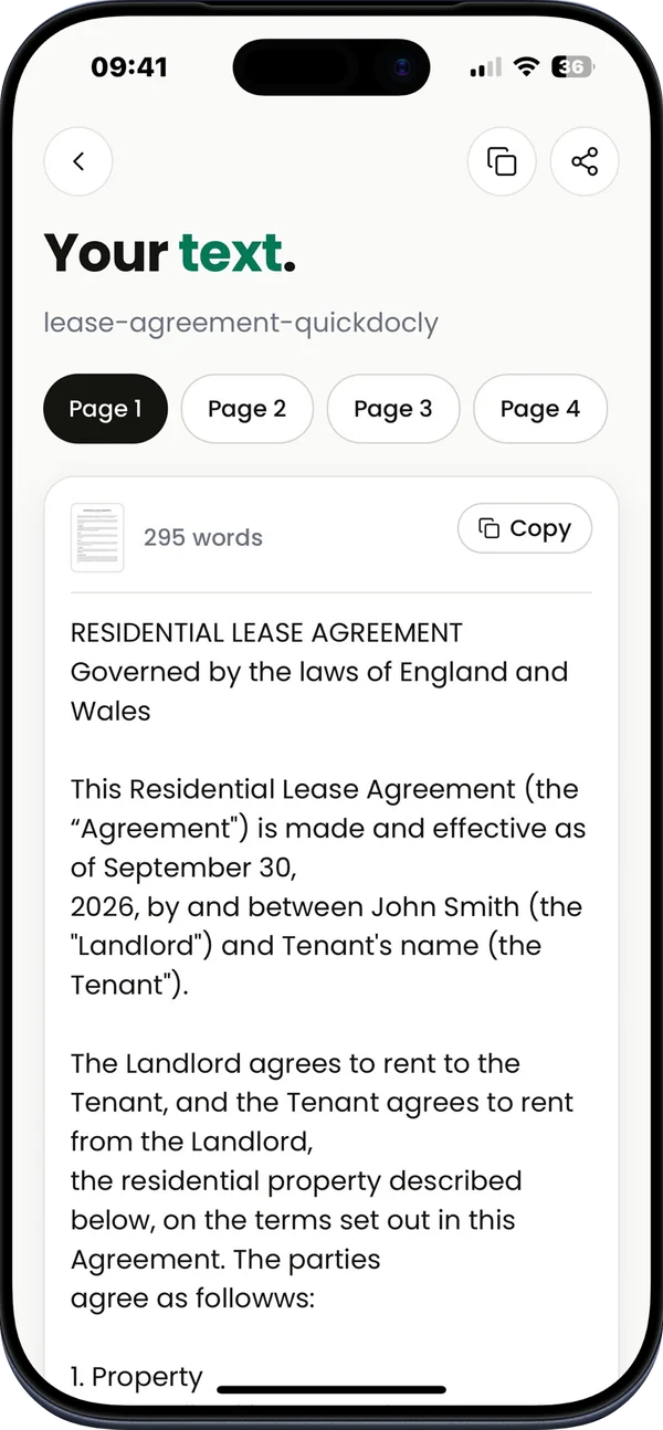 App Store screenshot: Extract text. The recognized text of a lease agreement, ready to copy.