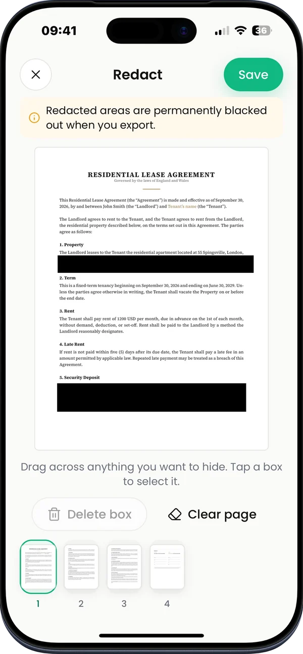 App Store screenshot: Redact text. Paragraphs of a contract blacked out before sharing.