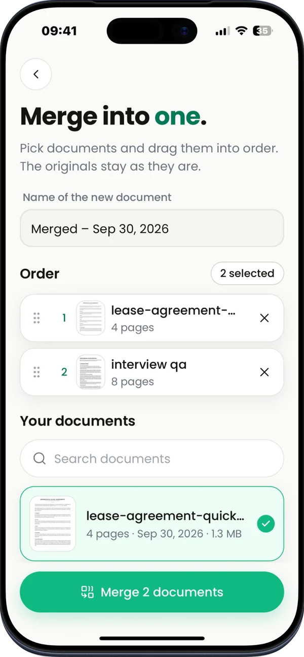 App Store screenshot: Merge, split, shrink. Two documents being merged into one.