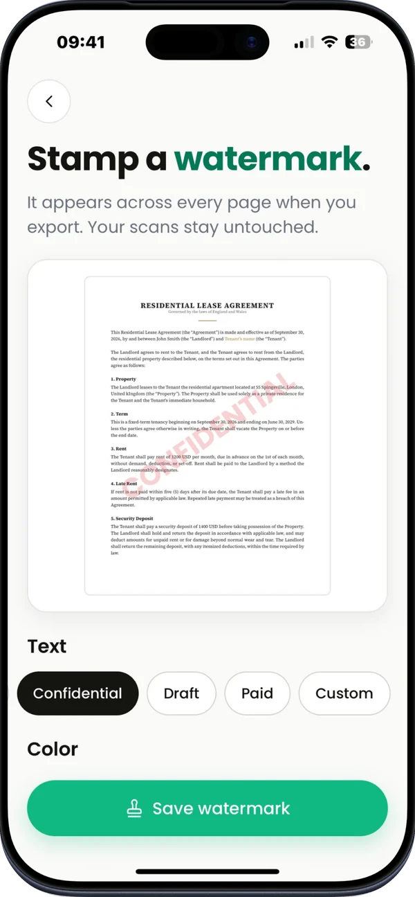 App Store screenshot: Watermark, compress & password. A watermark stamped across every page.
