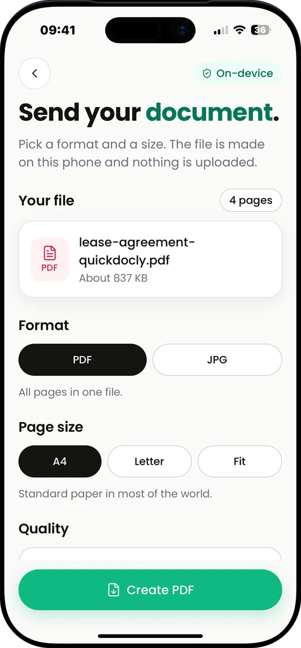 App Store screenshot: Stays on your phone. The export screen, where the PDF is made on the phone.